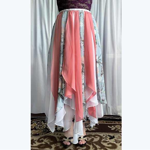 Ameynra design solid color & floral print chiffon petal skirt for dance. Size M - Picture 2 of 2